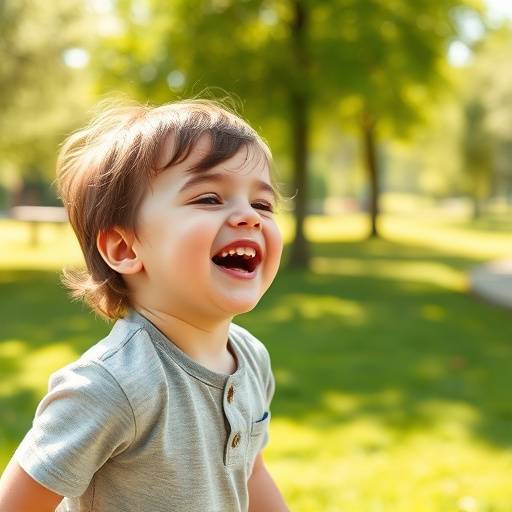 A child laughing while playing in a park, captured in a bright and airy photograph.